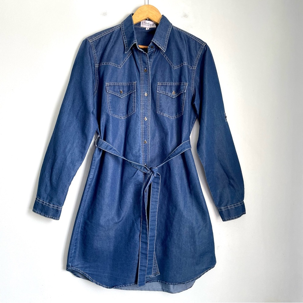 Evergreen Chambray Button Up Belted Shirt Dress Size Medium Dark Blue